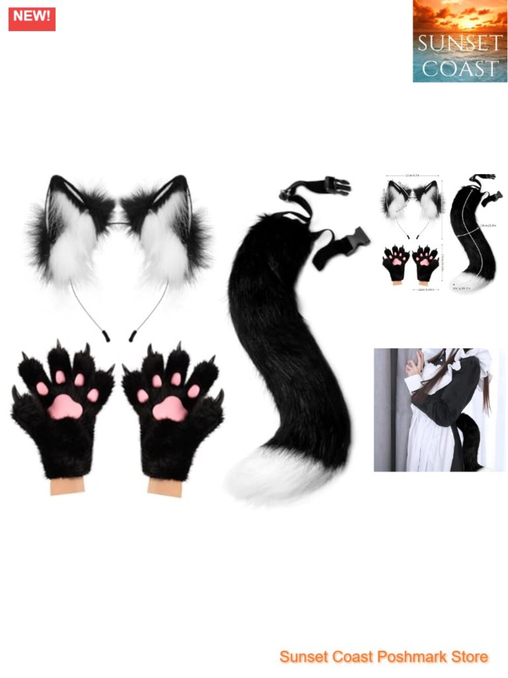 COSYEARS Faux Fur Wolf Ears Headband Plush Tail & Cat Paw Mittens Costume Set